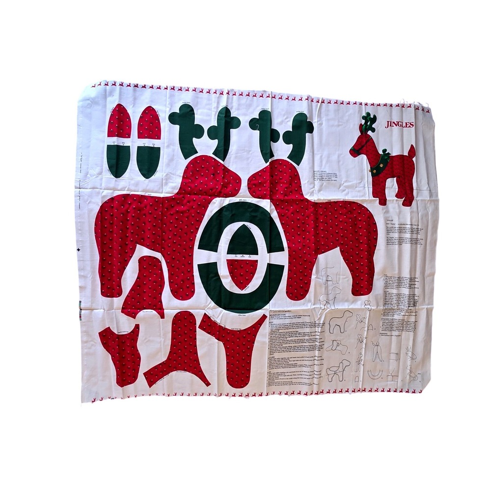 Vtg VIP Cranston Jingles Reindeer Plush Sewing Fabric Panel Red Green 18" Xmas